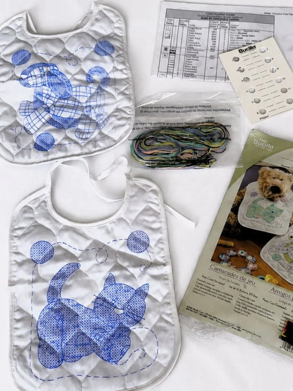 Bucilla Playful Pals Baby Bib Pair Stamped Cross Stitch Kit Set of 2 Cat & Puppy